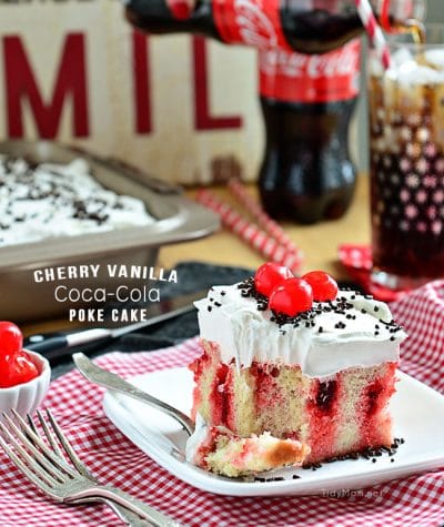 Cherry Vanilla Coca Cola Poke Cake recipe at TidyMom.net