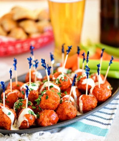 Game Day Part Plan Buffalo Chicken Meatballs with Ranch tastes just like buffalo hot wings. Get the recipe at TidyMom.net