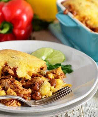 Delicious Cornbread BBQ Chicken Pot Pie. Grill chicken indoors for a taste of summer in the winter!! So easy! Recipe at TidyMom.net