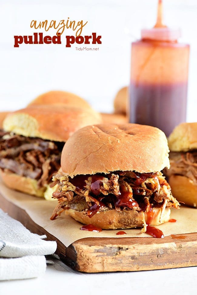 This Amazing Pulled Pork recipe is made in a slow cook roaster for a tender, juicy pulled pork sandwich that is always a big hit! Get this pulled pork recipe at TidyMom.net