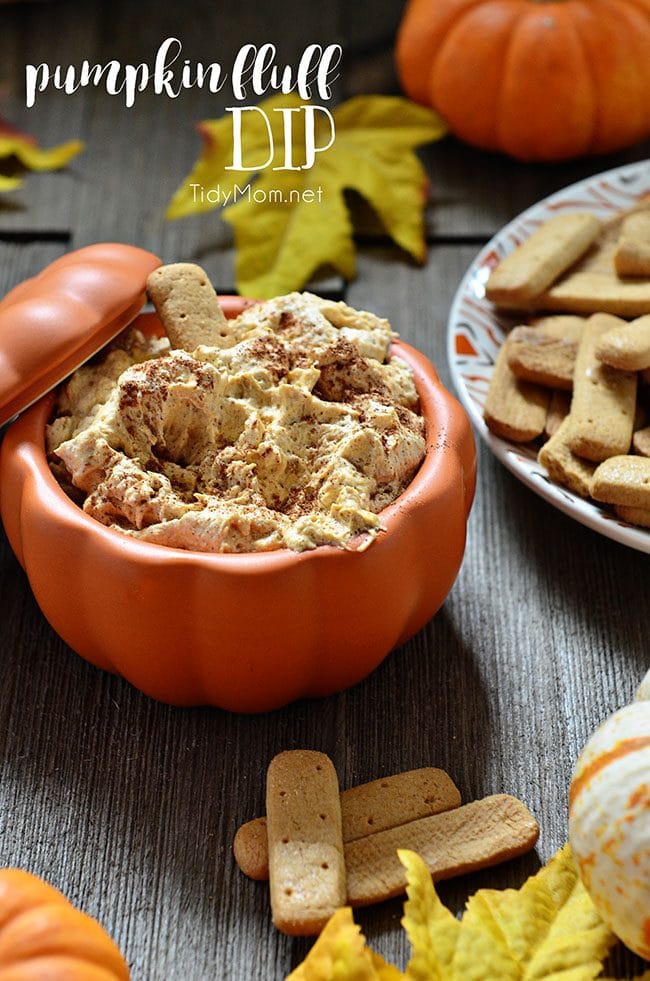 Pumpkin Fluff is a creamy, fluffy favorite fall treat. Serve with graham crackers or stuff into a cannoli shell or just dig in with a spoon. It’s full of fiber, and if you use sugar free/fat free pudding mix, Cool Whip Lite and 1% milk it’s a low cal treat you don’t have to feel guilty eating! Pumpkin Fluff Dip Recipe and video at TidyMom.net