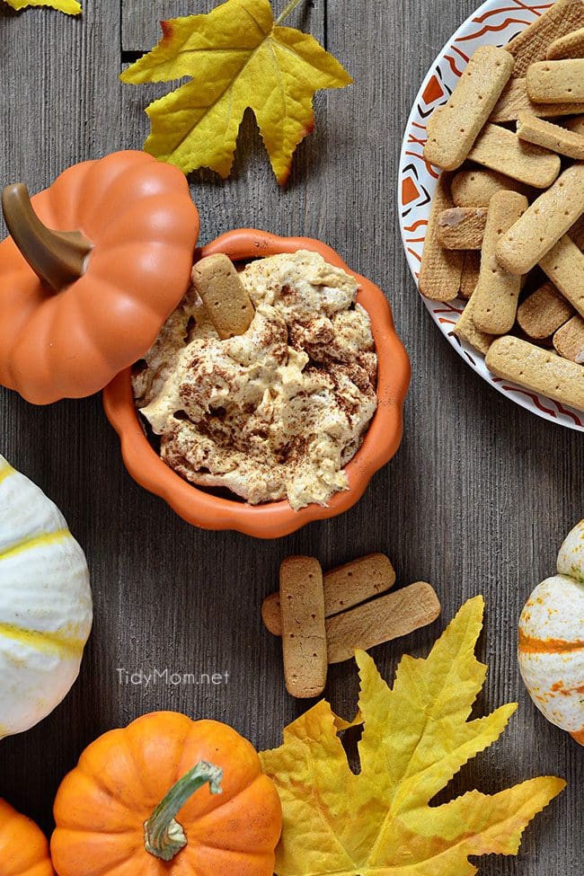 Pumpkin Fluff is a creamy, fluffy favorite fall treat. Serve with graham crackers or stuff into a cannoli shell or just dig in with a spoon. It’s full of fiber, and if you use sugar free/fat free pudding mix, Cool Whip Lite and 1% milk it’s a low cal treat you don’t have to feel guilty eating! Pumpkin Fluff Dip Recipe and video at TidyMom.net