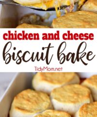 Tender chicken breasts in a cheesy white sauce are topped with homestyle biscuits this Chicken and Cheese Biscuit Bake. It’s simple one-dish meal the whole family will love! Get the easy recipe at TidyMom.net