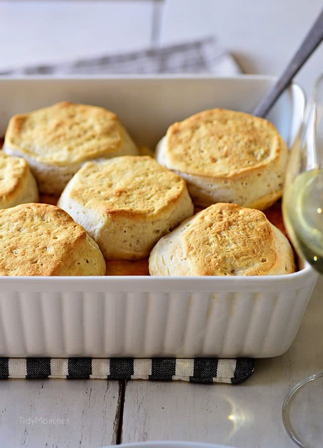 Chicken and Cheese Biscuit Bake in white baking dish