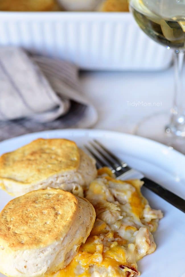 Chicken and Cheese Biscuit Bake on white plate