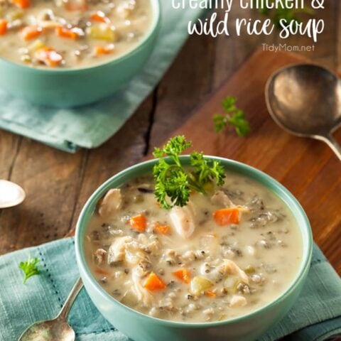 Panera Copycat Creamy Chicken and Wild Rice Soup continues to be a family favorite. It's delicious and hearty, perfect for cold winter nights. Print the full recipe at TidyMom.net
