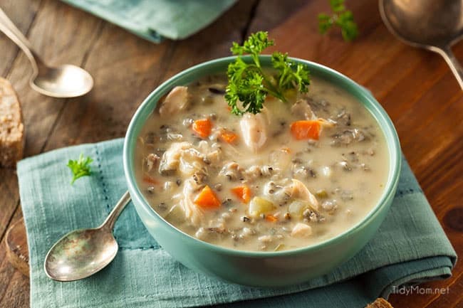 Creamy Chicken and Wild Rice Soup continues to be a family favorite. It's delicious and hearty, perfect for cold winter nights. Print the full recipe at TidyMom.net