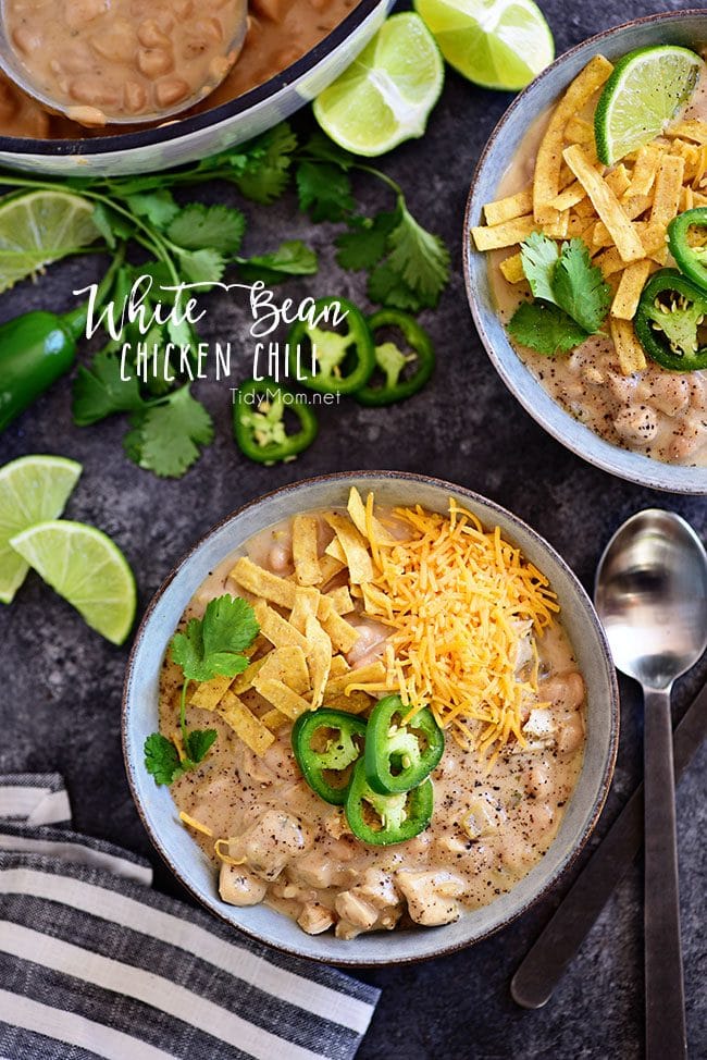 White Bean Chicken Chili: This family favorite white chili recipe is made with white chili beans, chicken, peppers, and lots of spices. It’s a hearty one pot meal that you can have on the table in under an hour, and it’s even better the next day! Print the full recipe for white chili at TidyMom.net