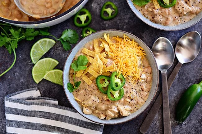 White Bean Chicken Chili: This family favorite white chili recipe is made with white chili beans, chicken, peppers, and lots of spices. It’s a hearty one pot meal that you can have on the table in under an hour, and it’s even better the next day! 