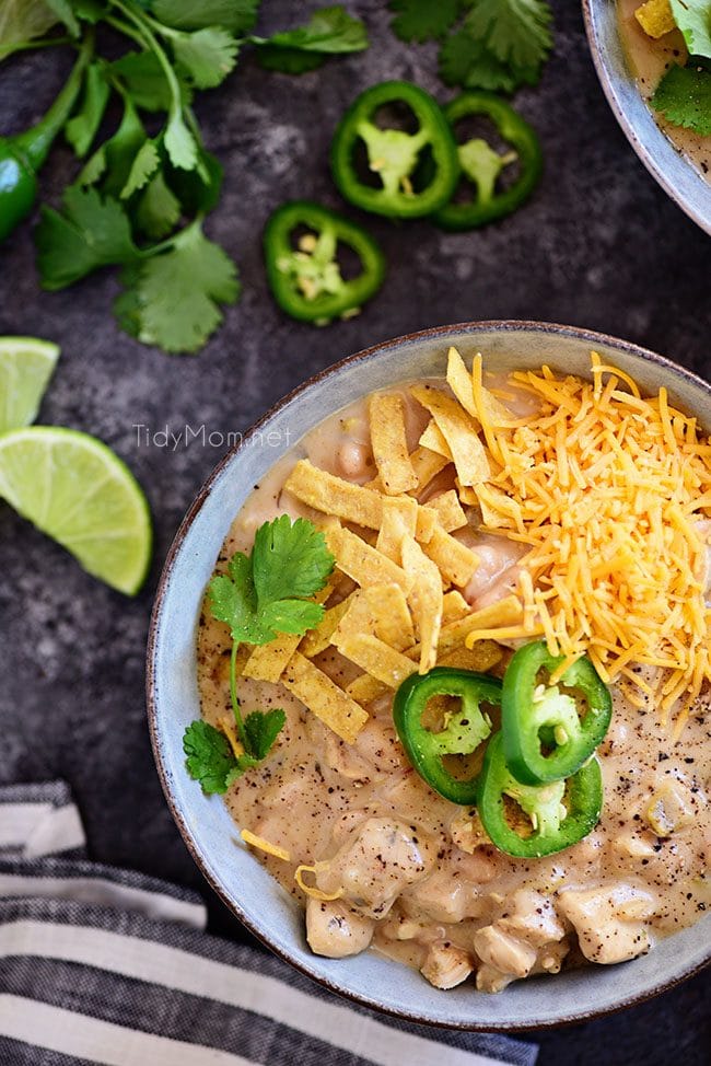 This family favorite white chili recipe is made with white chili beans, chicken, peppers, and lots of spices. It’s a hearty one pot meal that you can have on the table in under an hour, and it’s even better the next day! Print the full recipe for White Bean Chicken Chili at TidyMom.net