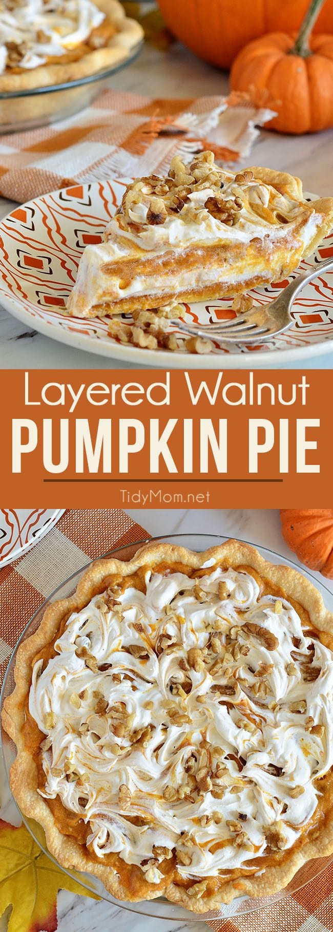 LAYERED WALNUT PUMPKIN PIE has been a long tradition in our family for Thanksgiving. This family favorite pumpkin pie recipe that was handed down to me by my grandpa 30+ years ago. This EASY recipe not your ordinary pumpkin pie, it’s a light and fluffy, scrumptious, cold creamy pumpkin pie! A perfect alternative to regular pumpkin pie for Thanksgiving or Christmas dessert. PRINT the recipe at Tidymom.net