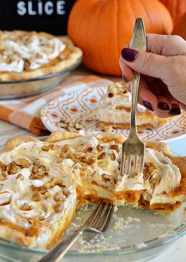 LAYERED WALNUT PUMPKIN PIE has been a long tradition in our family for Thanksgiving. A family favorite pumpkin pie recipe that was handed down to me by my grandpa 30+ years ago. This EASY recipe not your ordinary pumpkin pie, it’s a light and fluffy, scrumptious, cold creamy pumpkin pie! A perfect alternative to regular pumpkin pie for Thanksgiving or Christmas dessert. PRINT the recipe at Tidymom.net