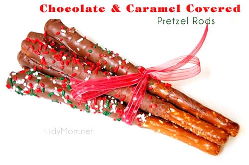 Chocolate & Caramel Covered Pretzel Rods at TidyMom.net