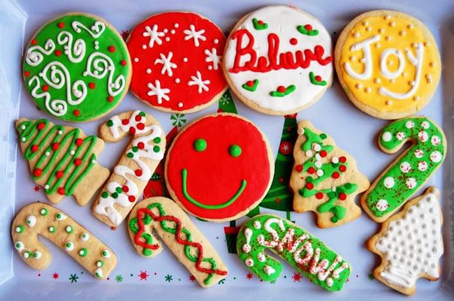 tray of decorated butter cookies for Christmas