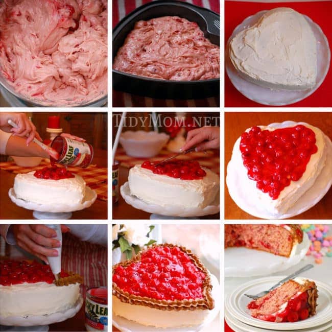 Sweetheart Cherry Cake perfect for Valentines Day. Heart shaped cake recipe at TidyMom.net