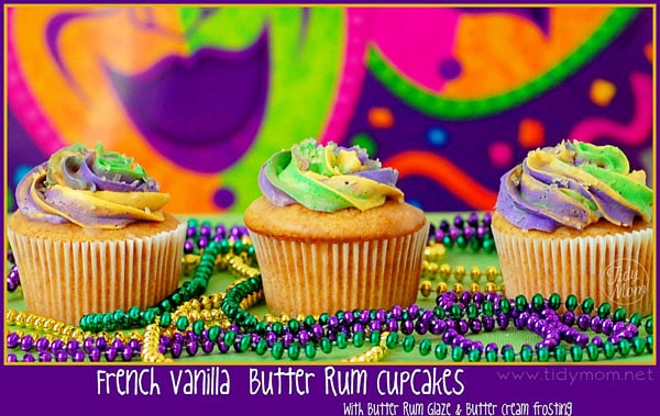 French Vanilla Buttered Rum #MardiGras Cupcake recipe at TidyMom.net