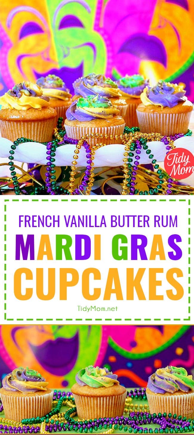 The King Cake might be the traditional sweet on Mardi Gras, but these fun cupcakes are decorated with traditional Mardi Gras colors: purple represents justice, green represents faith and gold represents power. French Vanilla Butter Rum Mardi Gras Cupcakes recipe at TidyMom.net