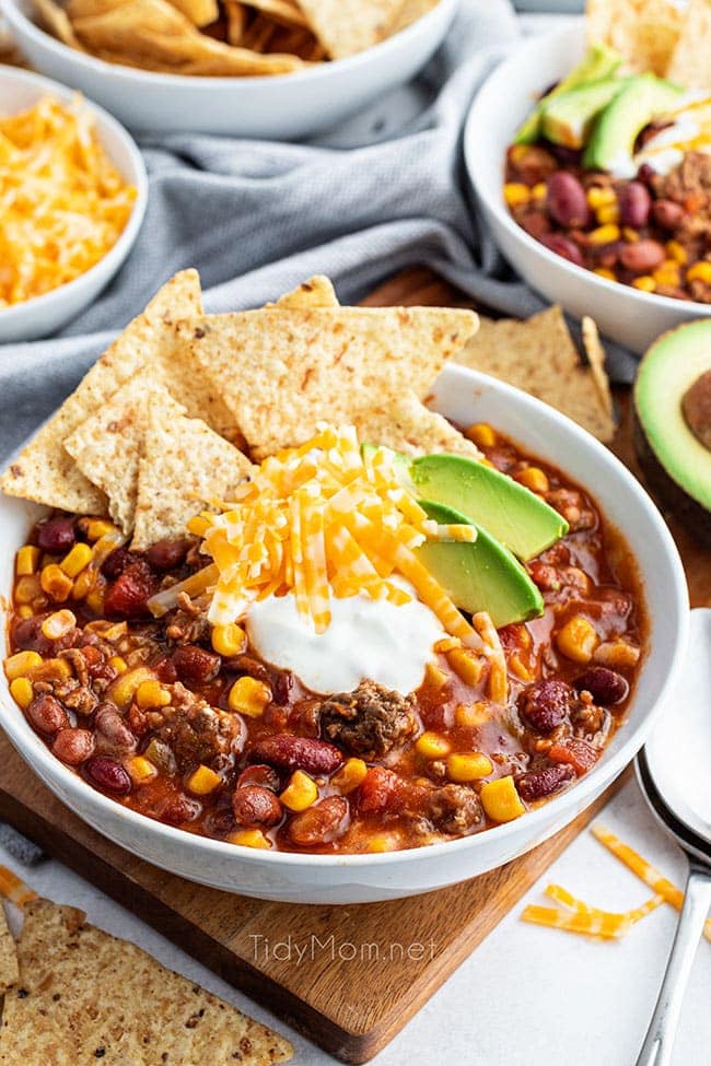 taco soup on a bowl with tortilla chips