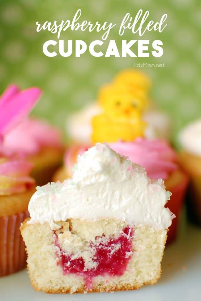  Raspberry Filled Cupcakes cut in half