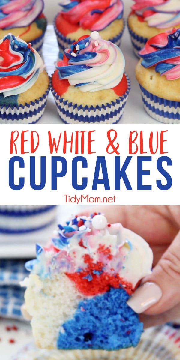 If you are looking for patriotic cupcakes for your next party, these Red White and Blue Cupcakes are sure to spark their attention and earn salutes at any Memorial Day and 4th of July celebrations. Step-by-step directions and recipe + video at TidyMom.net #cupcakes #patriotic #redwhiteandblue