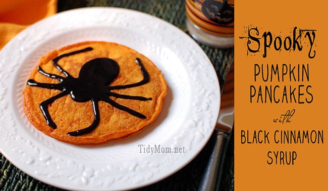 Spooky Pumpkin Pancakes with Black Cinnamon Syrup at TidyMom.net