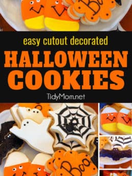 Decorate Halloween cookies using royal icing and fondant, candy corn, bats, spider webs, ghosts and more! It's easy and fun! visit TidyMom.net for cookie tips, cutout butter cookie recipe and more!!
