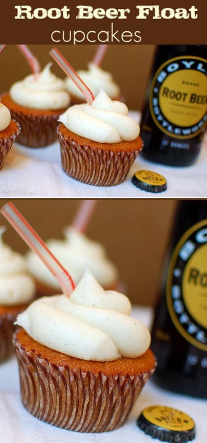 Vanilla Bean Frosting makes this Root Beer Cupcake tast just like a Root Beer Float! Recipe at TidyMom.net