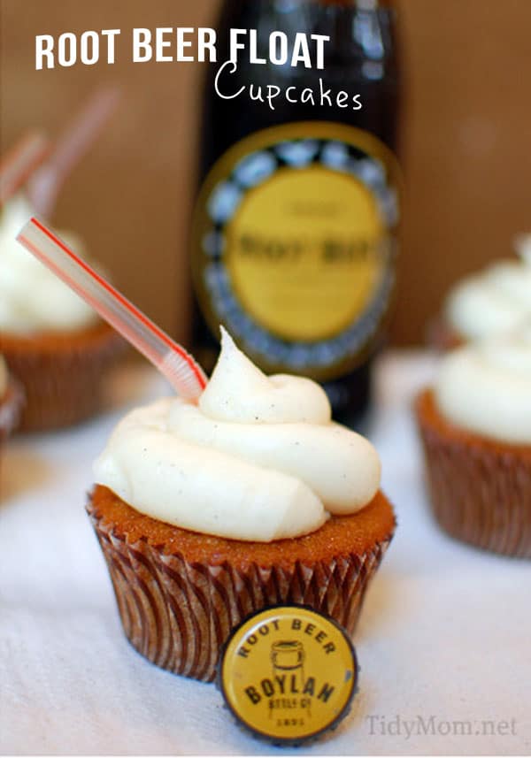 The Vanilla Bean Frosting makes this Root Beer Cupcake tast just like a Root Beer Float! Recipe at TidyMom.net