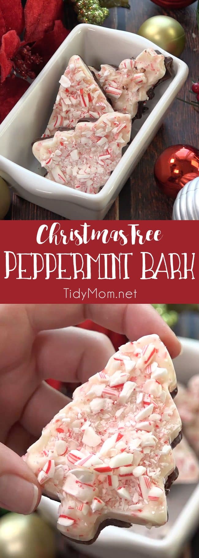 Peppermint bark is ridiculously easy to make.Use cookie cutters for Christmas Tree Peppermint Bark and you have an indulgent luxurious looking treat that’s great for gifting! Get directions and recipe at TidyMom.net 