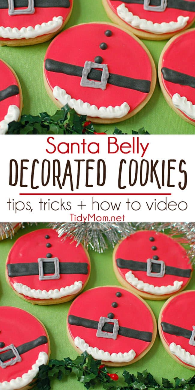 Decorated cut-out cookies, tips, tricks and recipes + how to video for these fun SANTA BELLY COOKIES at TidyMom.net