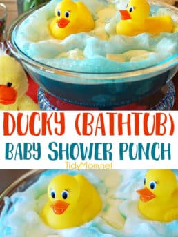 This Adorable Ducky Baby Shower Punch made with blue Kool-Aid gives the look of bath water and bubbles made of sherbet mixed with the ginger ale for the perfect party refreshment. Get this party punch recipe at TidyMom.net #punch #babyshower #birthday #ducks
