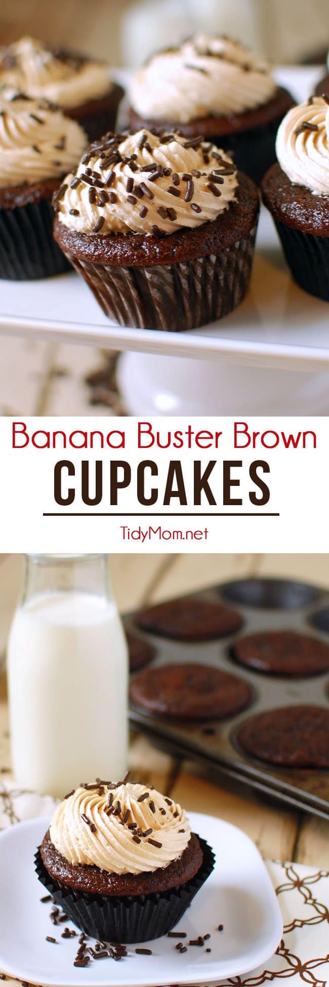 Banana Chocolate Cupcakes with Peanut Butter Frosting = Banana Buster Brown Cupcakes recipe at TidyMom.net