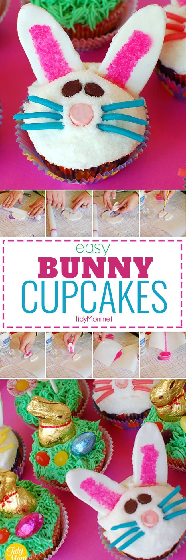 Easy Bunny Cupcakes perfect for Easter. Fondant and sprinkles make the cute ears, while candy make the face and whiskers. Learn how to make these bunny cupcakes at TidyMom.net