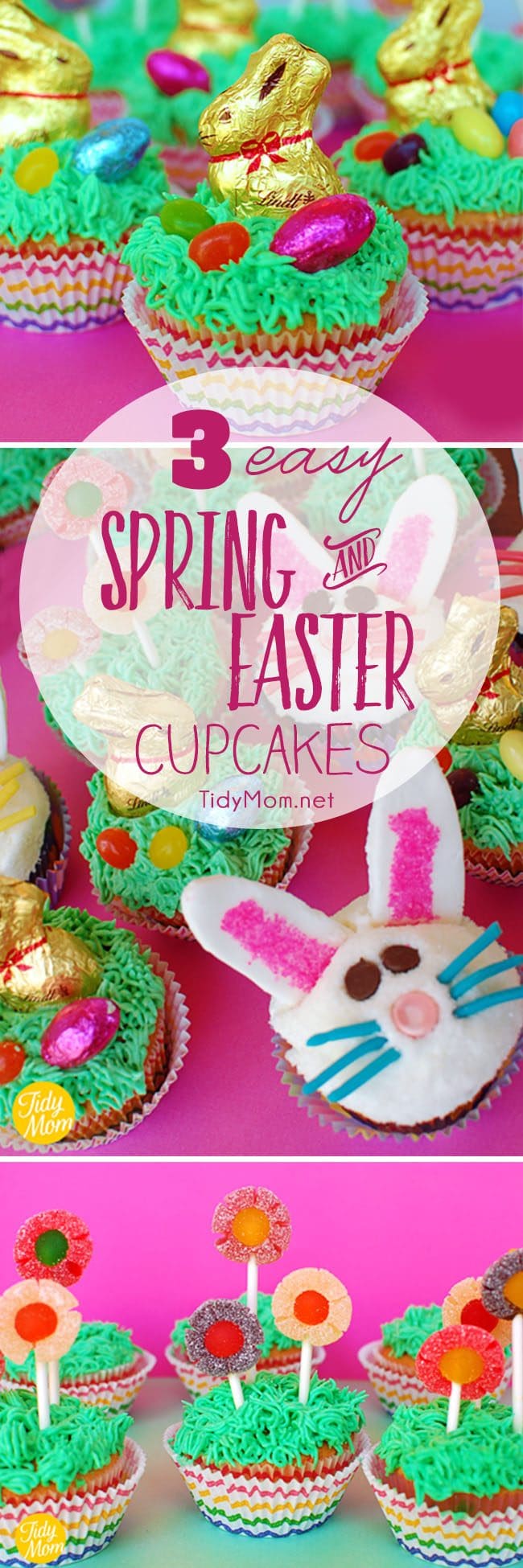 3 Easy Spring and Easter Cupcake ideas. Learn how to make all three at TidyMom.net