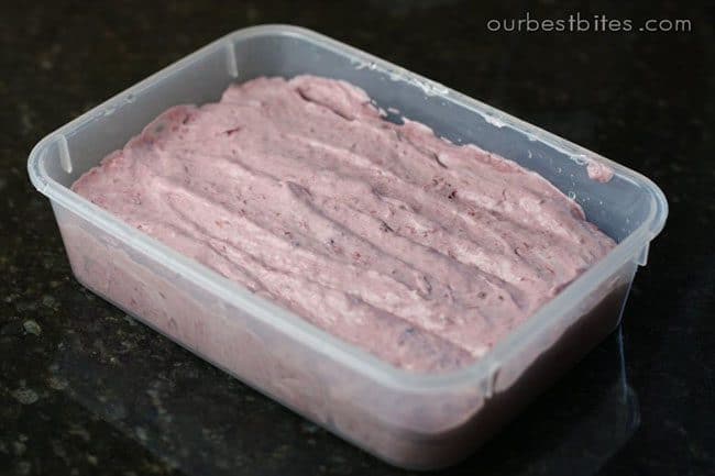 Blackberry no-churn ice cream in a freezer container