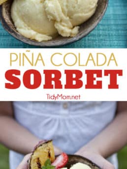 Homemade Pina Colada Sorbet is a perfect summer treat for those yearning for a tropical beach. It's a pineapple island sorbet spiked with a bit of coconut milk and rum for the big kids. Print the recipe at TidyMom.net