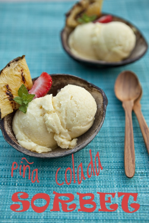Homemade Pina Colada Sorbet is a perfect summer treat for those yearning for a tropical beach. It's a pineapple island sorbet spiked with a bit of coconut milk and rum for the big kids. Print the recipe at TidyMom.net