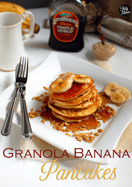 granola banana pancakes with cinnamon honey butter