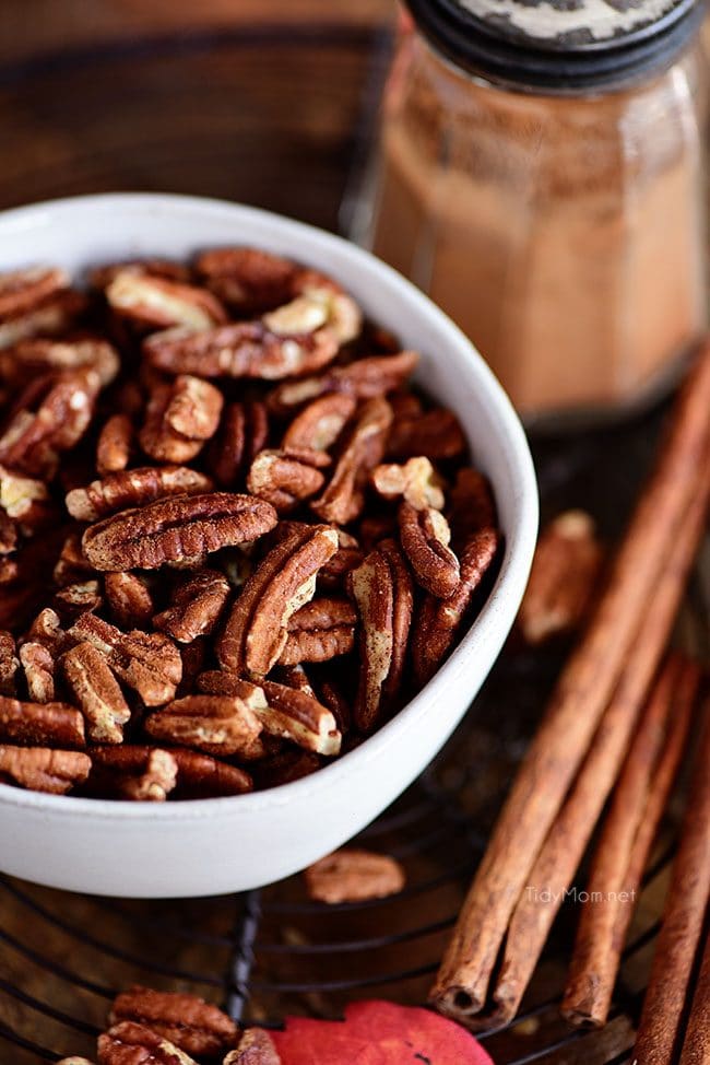 close up of toasted pecans with cinnamon