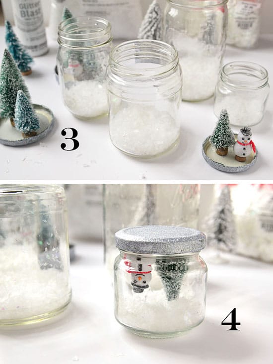 Steps 3 and four for making waterless snow globes at home.
