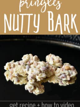 You only need 3 ingredients to make Pringles Nutty Bark.  It makes a great sweet and salty candy cluster.  Perfect for holiday cookie trays, game night or any party as guests will devour them. It's super easy to put together and it makes a ton. Make a batch and share this sweet indulgence with your friends! Print recipe + video at TidyMom.net