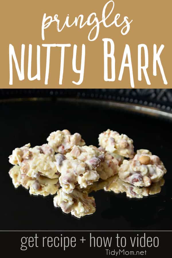 You only need 3 ingredients to make Pringles Nutty Bark.  It makes a great sweet and salty candy cluster.  Perfect for holiday cookie trays, game night or any party as guests will devour them. It's super easy to put together and it makes a ton. Make a batch and share this sweet indulgence with your friends! Print recipe + video at TidyMom.net