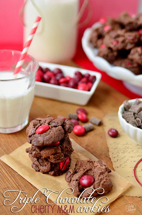 Triple Chocolate Cherry M&M cookie recipe from TidyMom