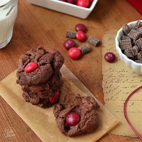 Triple Chocolate Cherry M&M cookies from TidyMom
