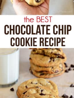 the best chocolate chip cookies stacked with a glass of milk