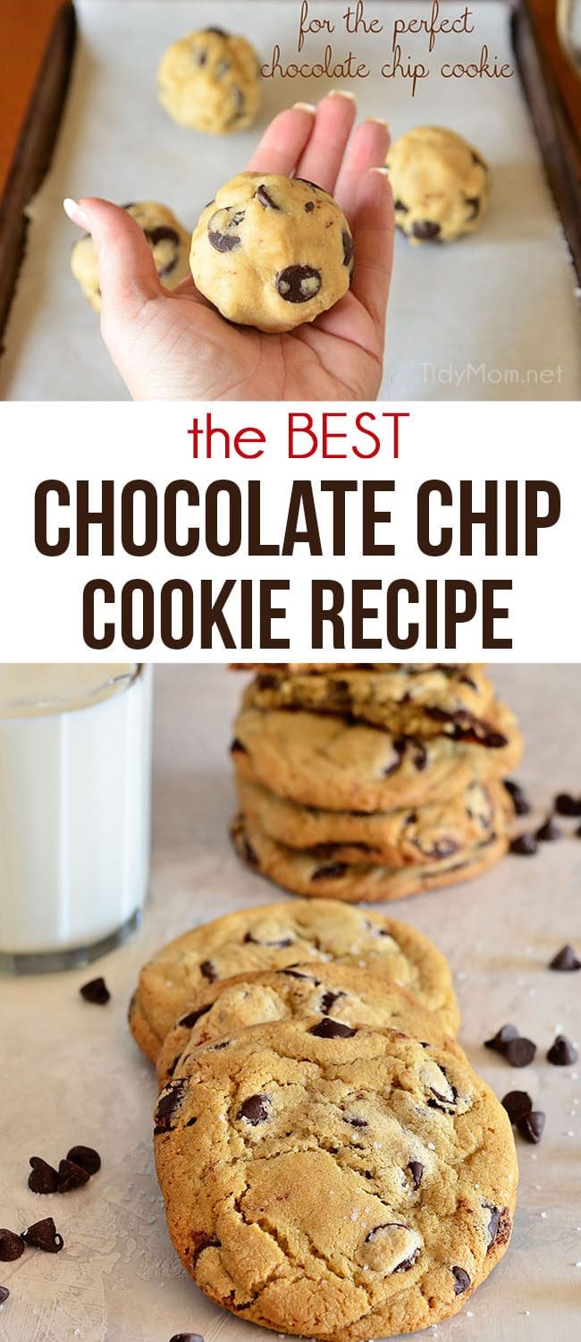 the best chocolate chip cookies stacked with a glass of milk