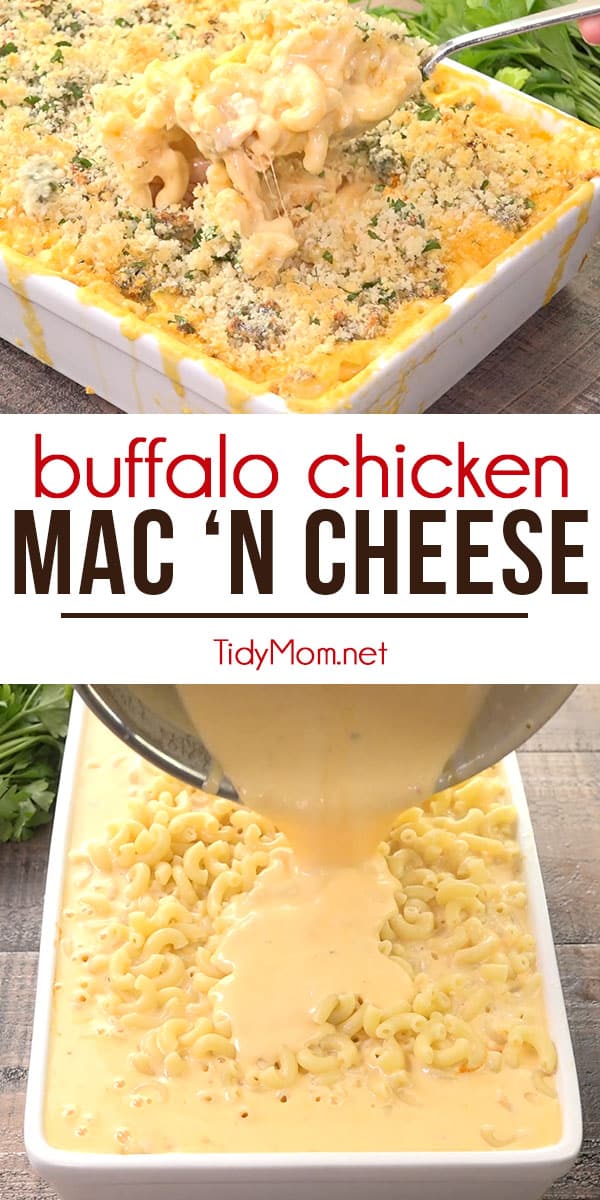 Buffalo Chicken Mac ‘n Cheese A kick of hot sauce and chicken gives a new twist to this old classic,  mac ‘n cheese recipe.  Print the full recipe + recipe video at TidyMom.net #macaroni #macandcheese #buffalochicken