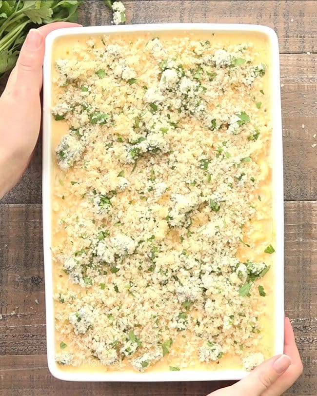 Buffalo Chicken Mac ‘n Cheese dish ready for the oven. 