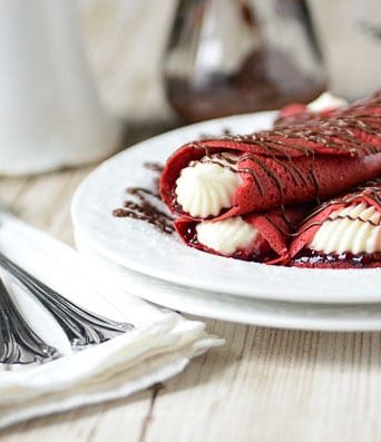 Red Velvet Crepes with Raspberry & Cream Cheese Filling