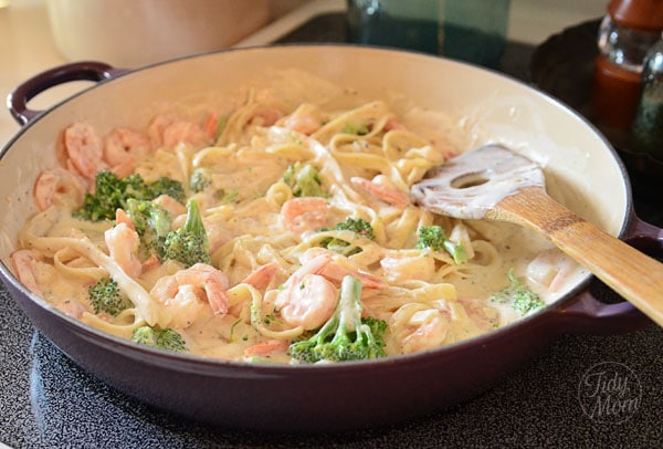 Shrimp & Broccoli Fettuccine in pan
